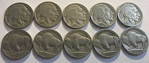 10 varia de buffalo nickels datas 1930-1938 datas completas finas vêm na bolsa de veludo grande conjunto de partidas
