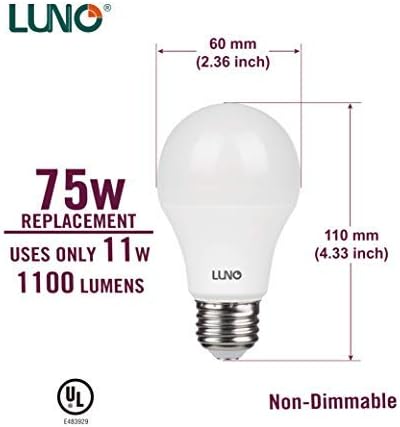LUNO A19 Bulbo LED não minimível, 11W, 1100 lúmens, 5000k, base média, UL certificada