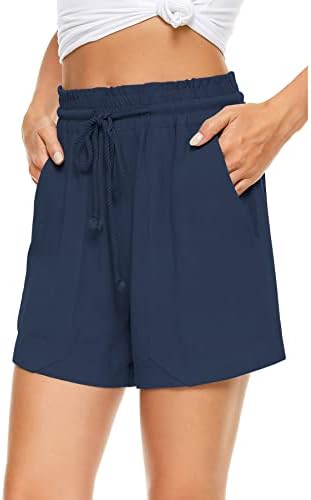 Neyouqe feminino linho de algodão casual cintura elástica de shorts confortáveis ​​com bolso