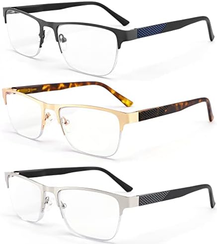 Dilly Vision 3-Pack Blue Bloqueando óculos de leitura para homens, leitores de metal de moda com dobradiça flexível