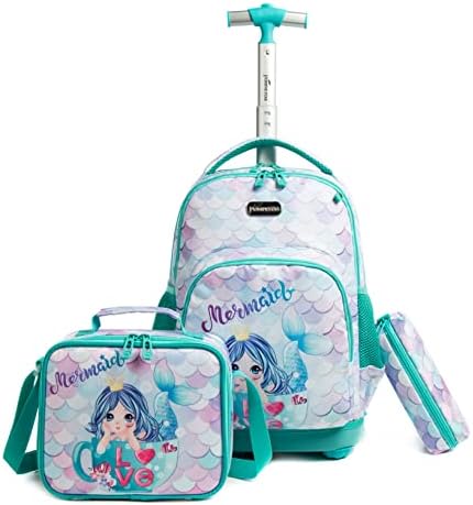 Meetbelify rolando mochila para garotas Mermaid Wheels Mochilas Kids Trolley Bagage Travel Saytcase para estudantes de pré -escola no ensino fundamental com lancheira e caixa de lápis