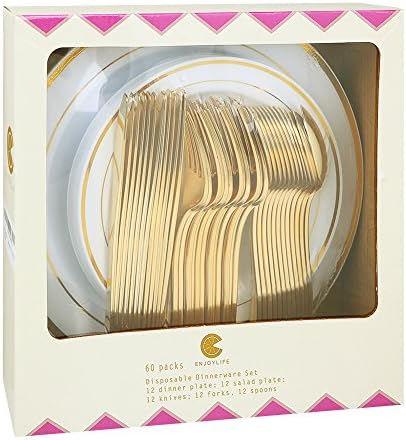 Undernal 60pcs Gold Plastic Dinnerware, placas de plástico dourado com talheres de plástico dourado, serviço de festas de plástico