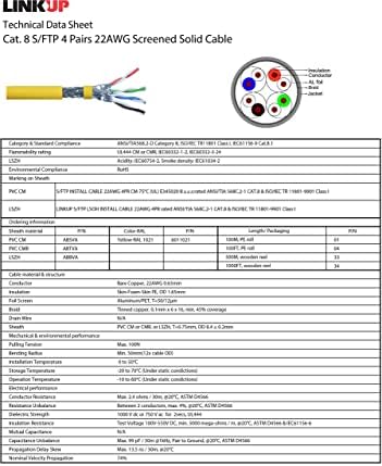 LINKUP - [GHMT & DSX8000 CAT8 CANTELO CAT8 CAGO Ethernet S/FTP 22AWG Cabo sólido blindado duplo | 2000MHz 2GHz 40Gbps | Rede