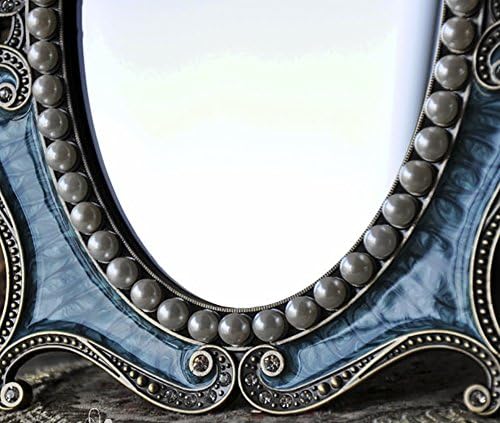 Nerien maquiagem espelho de rotação de mesa espelho de desligamento cosmético espelho de desktop com moldura floral de moldura de pérolas metal espelhos ovais vintage de mesa de bancada para quarto de casa decorativo azul-s
