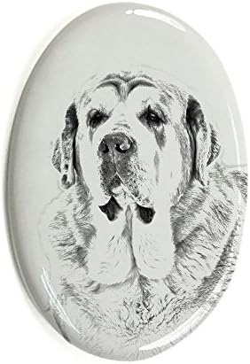 Mastim espanhol, lápide oval de azulejo de cerâmica com uma imagem de um cachorro