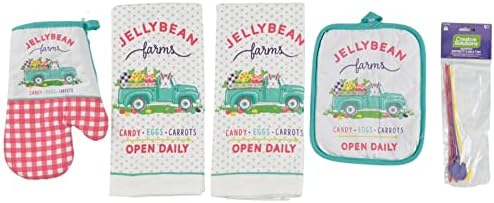 Easter Spring Kitchen Towels Towels Pote Set Mitt Mitt Conjunto, 5C: Fazenda colorida de Jellybean Farms Design de coelhinho