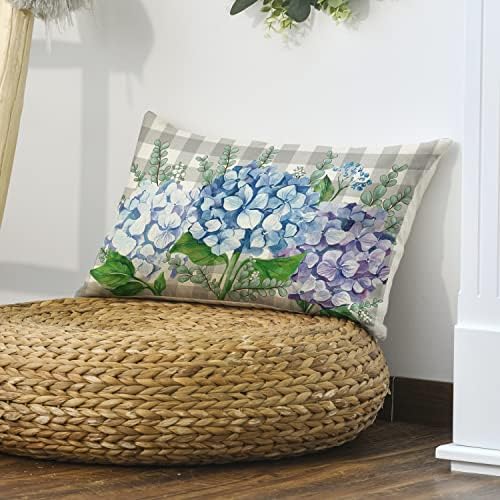 Avoin colorlife Hydrangea cinza búfalo xadrez de travesseiro de verão, estojo de almofada de flores de 12 x 20 polegadas para sofá