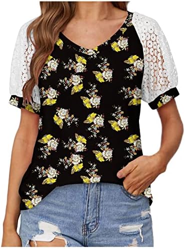 Tamas de manga curta de renda feminina de verão V Camisa elegante de uma camiseta fofa gráfico de flores solto casual