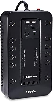 CyberPower St900U Sistema de espera UPS, 900VA/500W, 12 pontos de venda, 2 portas de carregamento USB, compacto, preto