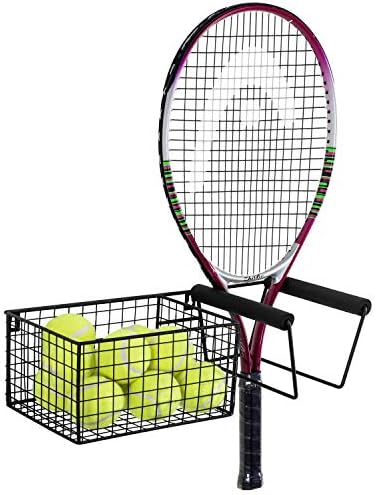 Mygift pendurado em raquete de tênis de metal e cesta de armazenamento de bola de tênis, suporte para raquete montado na parede