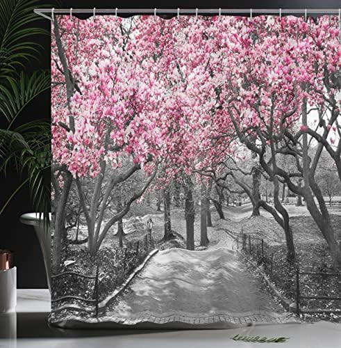 Cortina de chuveiro de Ambesonne NYC, flores em Central Park Landscape Cherry Trees Forest Spring Season Picture,