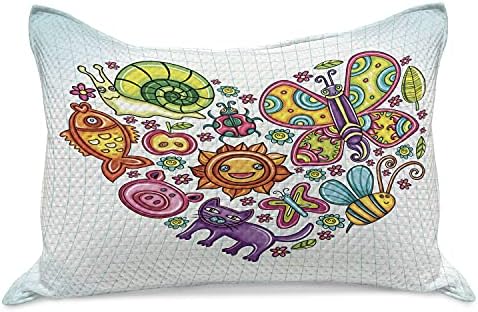 Ambesonne desenho animado malha de colcha de travesseiros, flora e fauna Pássaros e plantas de animais de coração Bumblebee Ladybug Leafs Cat, capa padrão de travesseiro de tamanho rei para o quarto, 36 x 20, multicolor