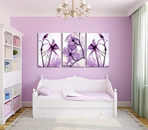 Arte de parede de lona Decoração de casa de parede Pintura de flores roxas madeira Arte em emoldura Arte de parede de 3 painéis para a sala de estar pronta para pendurar