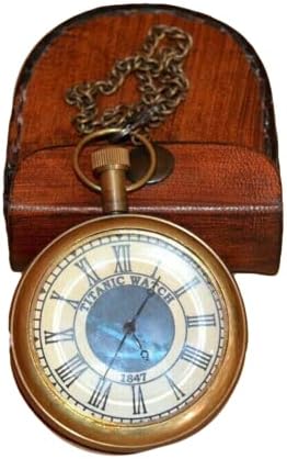 Compass vintage antigo relógio de bolso de latão Titanic com case de couro colecionável para caminhada Tool Survival Tool Antique Collectible