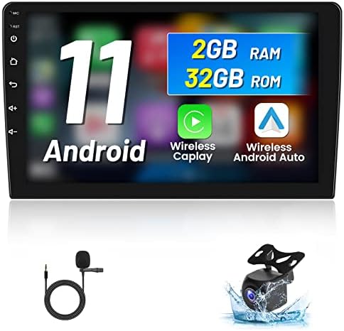 Double Din Car Stéreo Android 11 Apple sem fio CarPlay Android Auto Car Radio, Crega do toque da Hikity 9 com Bluetooth,