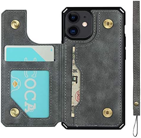 Jaorty Caixa de carteira com porta-cartão para iPhone 12 Mini, luxo PU Leather Kickstand Slots, fecho magnético duplo e pulseira de pulseira de pulso multifuncional para iPhone 12 mini 5.4 , cinza