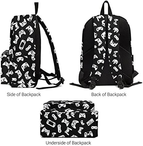 Backpack da escola de meninos de jogadores leves, Bassic Bookbag clássico para estudantes do ensino médio, mochila casual com estampamento de jogo fofo para faculdade, viagens, trabalho com compartimento de laptop de 15 polegadas, 17 em preto