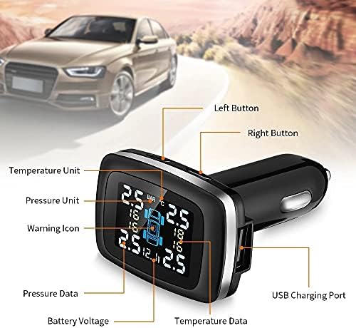 XWWDP CAR TPMS Sistema de monitoramento de pressão do pneu Sensor USB porto de segurança carro alarme de cigarro Sistema de pressão