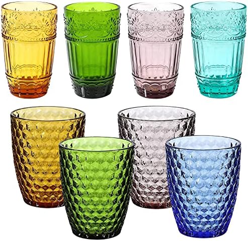 Ushy Housewares Colored Water Glasses, Conjunto de copos de vidro em relevo, 11 oz de 4 cores Conjunto de copos coloridos