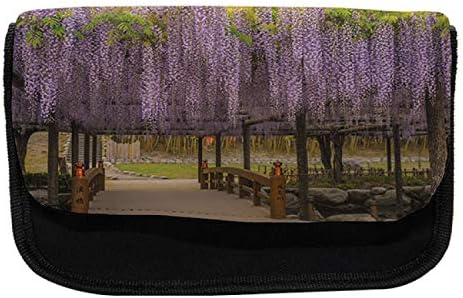 Caixa de lápis japonesa lunarável, flores lilás no terraço, bolsa de lápis de caneta com zíper duplo, 8,5 x 5,5, marrom roxo