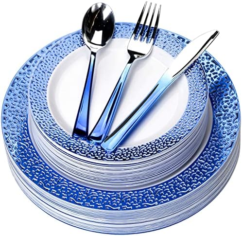 Placas de plástico azul royal de Fomoica e talheres de prata azul - 125 PCS Conjunto de jantar de plástico premium