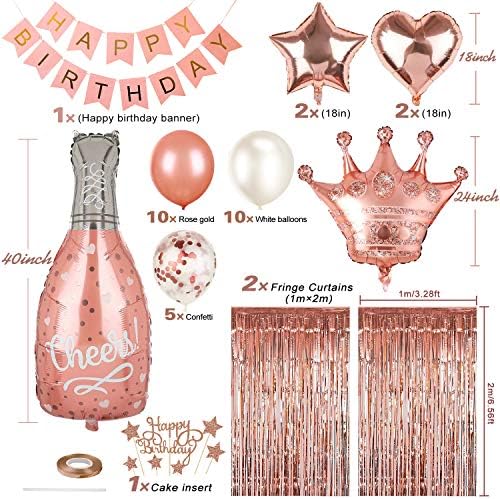 Conjunto de decorações de festa de ouro rosa, balões de confete de feliz aniversário com capa de bolo de bricolage, banner, cortina marginal, balões de papel alumínio, balões de folha de coração estrela, balões de coroa para material de aniversário