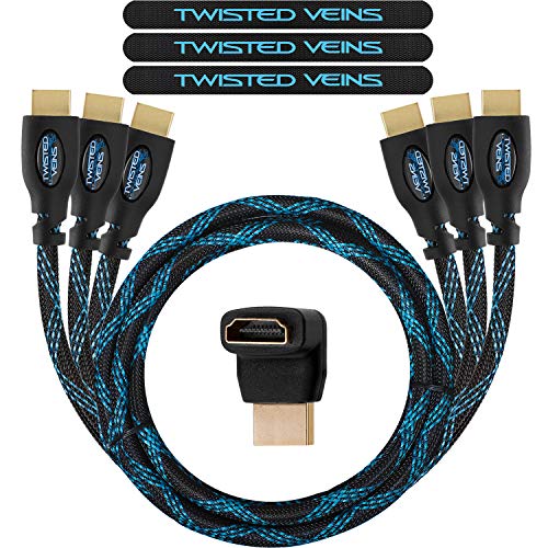 VEIAS TWISTIDAS CABO HDMI 6 pés, 3 pacote e cordão HDMI Premium Tipo de alta velocidade com Ethernet, suporta HDMI 2.0B