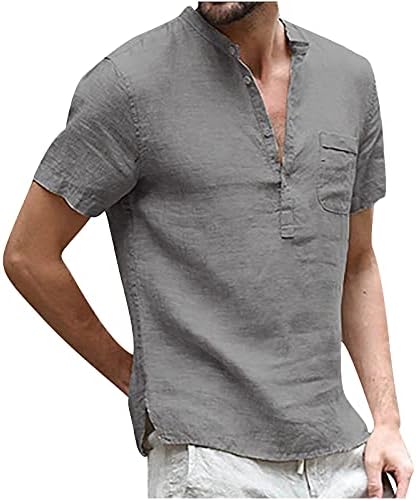 Camisas para homens verão Casual Manga curta Stand-up Moda de linho de linho de linho confortável Botões Botões Pullover