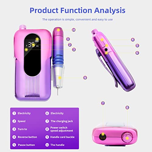 Broca de unhas de 35000 rpm recarregável, perfuração de unhas elétricas portáteis Profissional Efile Brill Kit para acrílico, para uso de salão ou DIY doméstico com 6 bits de perfuração de unhas