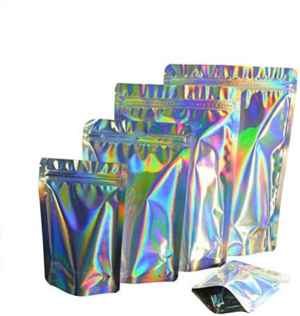 100pcs Stand up holográfico reclosável Bolsas de trava zip de alumínio com alumínio selvagem de alumínio Plástico para armazenamento de alimentos para lanches de lanches coloridos Saco de varejo Saco de prata 3,3 × 5.1in