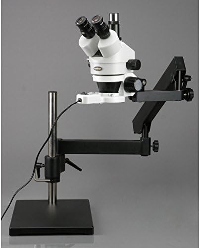 Microscópio de zoom de estéreo trinocular profissional SM-7Ty-FRL, Microscópio de zoom, oculares WH10X, ampliação de 7x-90x, objetivo do zoom de 0,7x-4,5x, luz de algodão fluorescente de 8W, suporte de boom de braço articulado, 110V-120V, inclui 2.0x de lente de barlow de barlow 2.0x