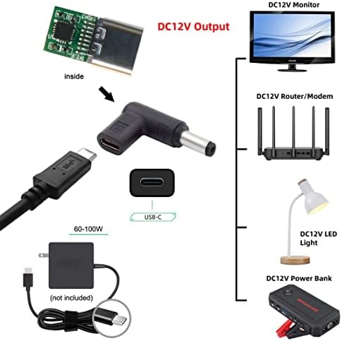 Adaptador Cy USB C a CC 12V, USB 3.1 Tipo C fêmea para CC 5.5x2.1mm 12V Adaptador de plugue PD emulador de emulador