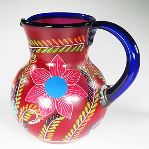 Margarita de vidro mexicano ou jarro de chá gelado, soprado à mão, vermelho, pintado à mão com vários desenhos de girassol