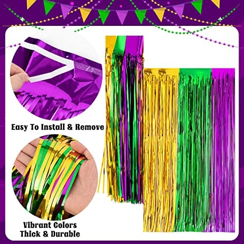 2Pack Mardi Gras Fringe Salia, 2,5 x 9 pés Mardi Gras Decorações, Green Purple Gold Metallic Tinsel Fringe Curtains para