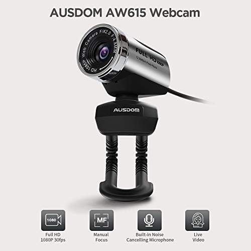 Ausdom Full HD 1080p Ampla Angle Visualize webcam com anti-distorção, câmera de computador USB AW615, FOV de 90 graus, correção
