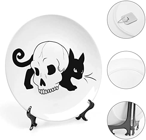 Placa decorativa de cerâmica de crânio de gato preto com exibição Stand pendurada no aniversário personalizada casamento