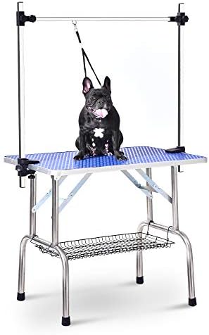 Tabela de limpeza de animais de estimação Altura dobrável Ajustável ， mesa de limpeza portátil de cachorro com laço de braço e bandeja de malha