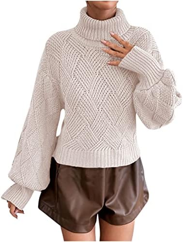 Mulheres Sluters de gola alta da lanterna longa manga de lanterna Slim Fit Casual Sweater Sweater Solid Color Retas