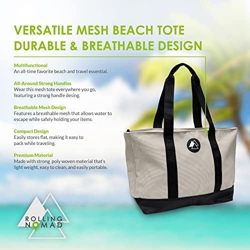 Bolsas de praia para mulheres - malha preta e esbranquiçada para malha de praia, água, sacola resistente à areia