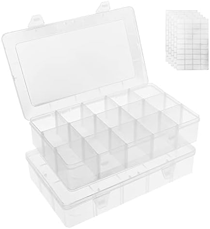 UMIROKIN 2 PACK 15 GRIDAS CAIXA ORGANIZER PLÁSTICA CLARA com divisores de ajuste, organizador de caixas de tackle, recipientes