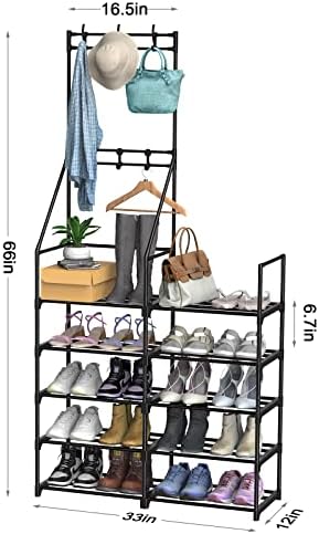 Hall Tree com Rack de sapatos de 5 camadas para entrada, organizadora de sapatos de metal leve, prateleira de sapato de casaco multifuncional para o dormitório da faculdade de garagem e outros pequenos espaços, fácil de montar