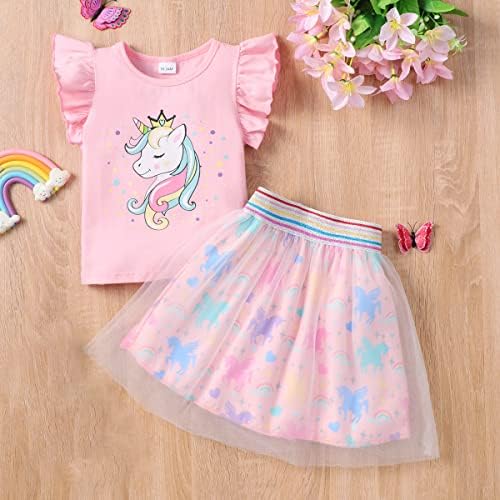 Retsugo Girls Tulle Skirt Conjunto de duas peças Ruffle Sleeve Unicorn T-Shirt Dress Dress Summer Birthday Party