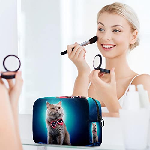 Gato criativo com gravata borboleta azul pequeno bolsa de maquiagem para bolsa de bolsa cosmética de viagens para mulheres