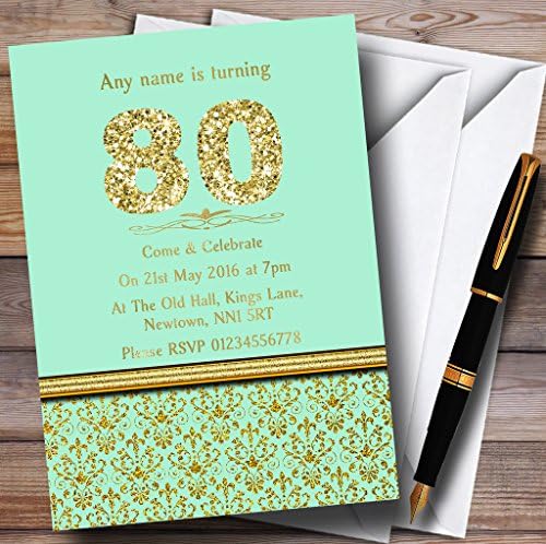 O card zoo Mint Green & Gold Vintage Damasco 80º convites de festa de aniversário personalizados