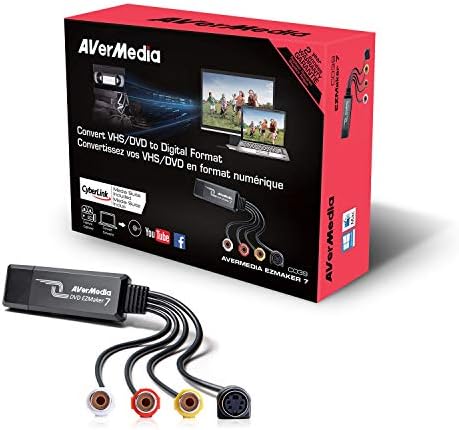 Avermedia Ezmaker 7, placa de captura de vídeo USB, registrador analógico ao digital, composto RCA, VHS para DVD, S-Video, Suporte Windows 11, Mac 10.11/10.12, preto, 3,2 x 1,1 x 0,5 in