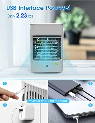 Ar condicionado portátil de Birsppy, refrigerador de ar evaporativo com 3 velocidades, rotação de 70 °, 7 luzes LED, pequeno refrigerador de ar para mesa para quarto de quarto de quarto de mesa de mesa