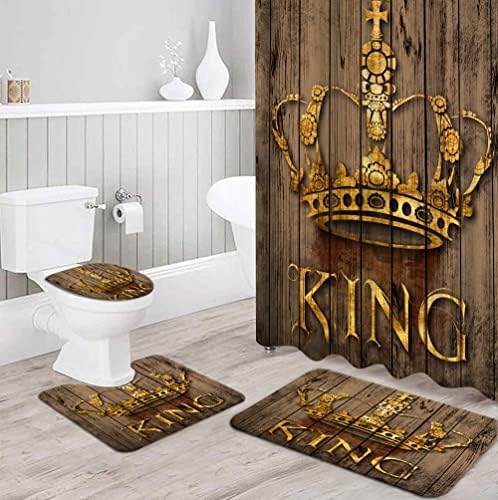 OUELEGENT 4PCS King Crown Shower Curtain Accessories Gold Royal Crown com tábua de madeira rústica Corte de decoração de banheiro com tapetes não deslizantes Tampa da tampa e tapete de banho