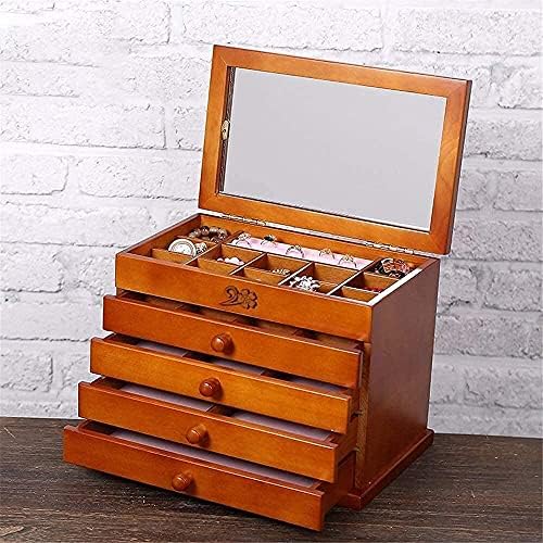 Caixa de jóias Kingx de madeira de madeira de 5 camadas de 5 camadas com espelho de jóias de camurça para a caixa de bugigangas femininas