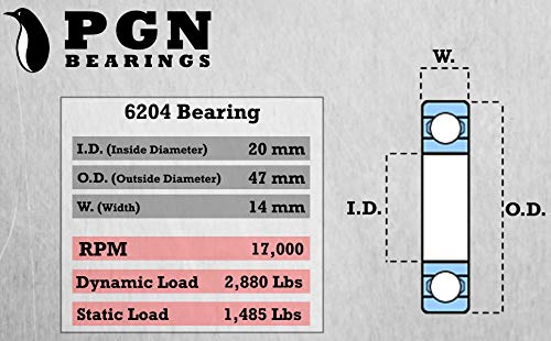 Rolamento PGN 6204-2RS - Rolamento de esferas de aço cromado lubrificado - rolamentos de 20x47x14mm com vedação de borracha e suporte