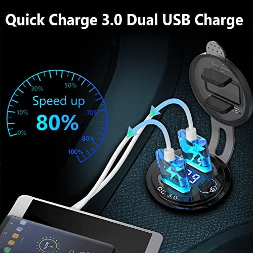 [Versão atualizada] 12V Usb Outlet Dual Quick Charge 3.0, tomada de alumínio Qidoe 12V Motocicleta Usb tomada com botão de voltímetro